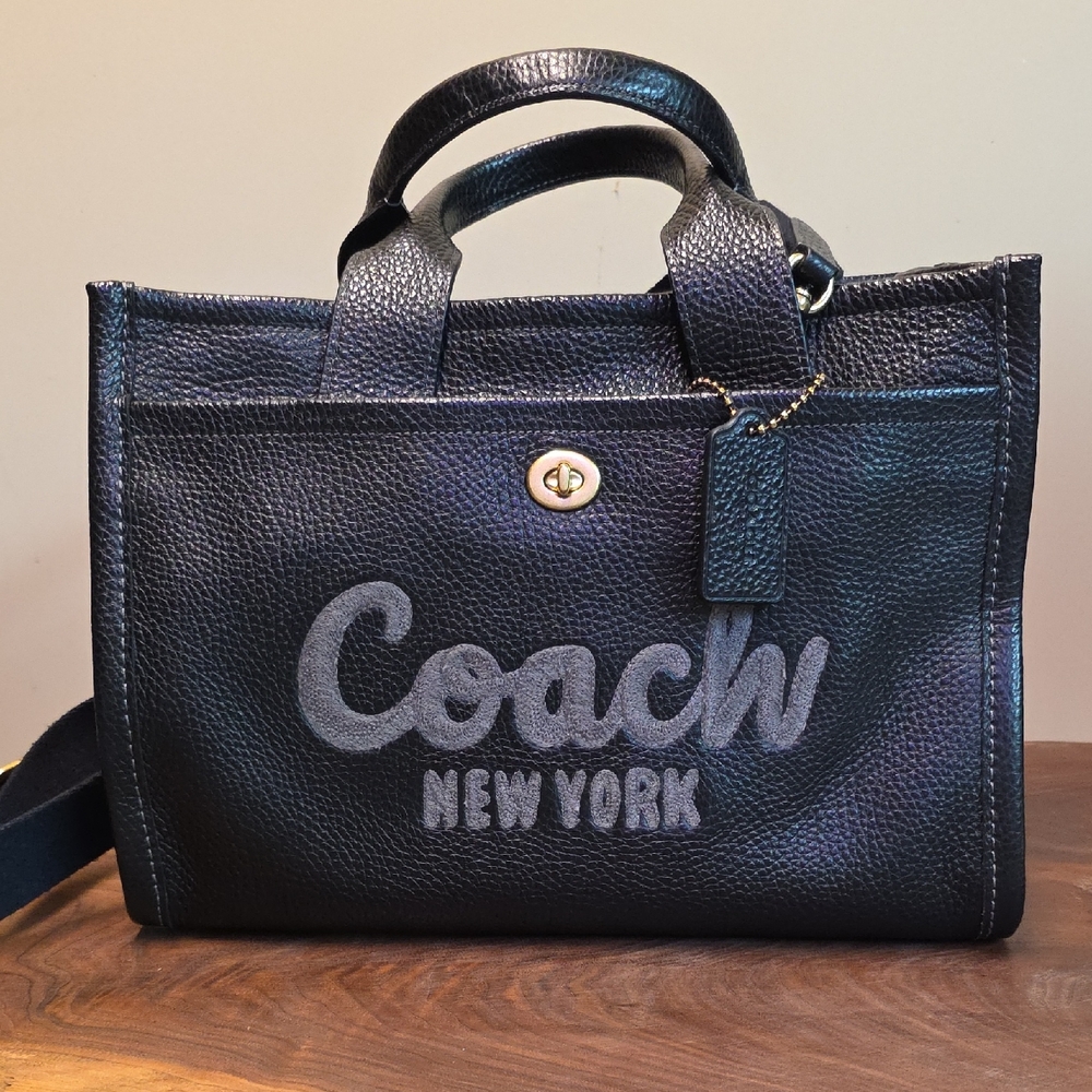Coach® Pebble Black Leather Cargo Tote Handbag 2025 With Embroidered Logo